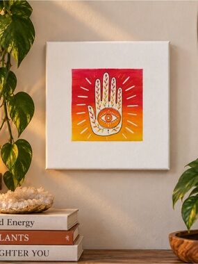 Original Cyber Painting Hamsa Canvas Wall Art in Red and Orange - local artist